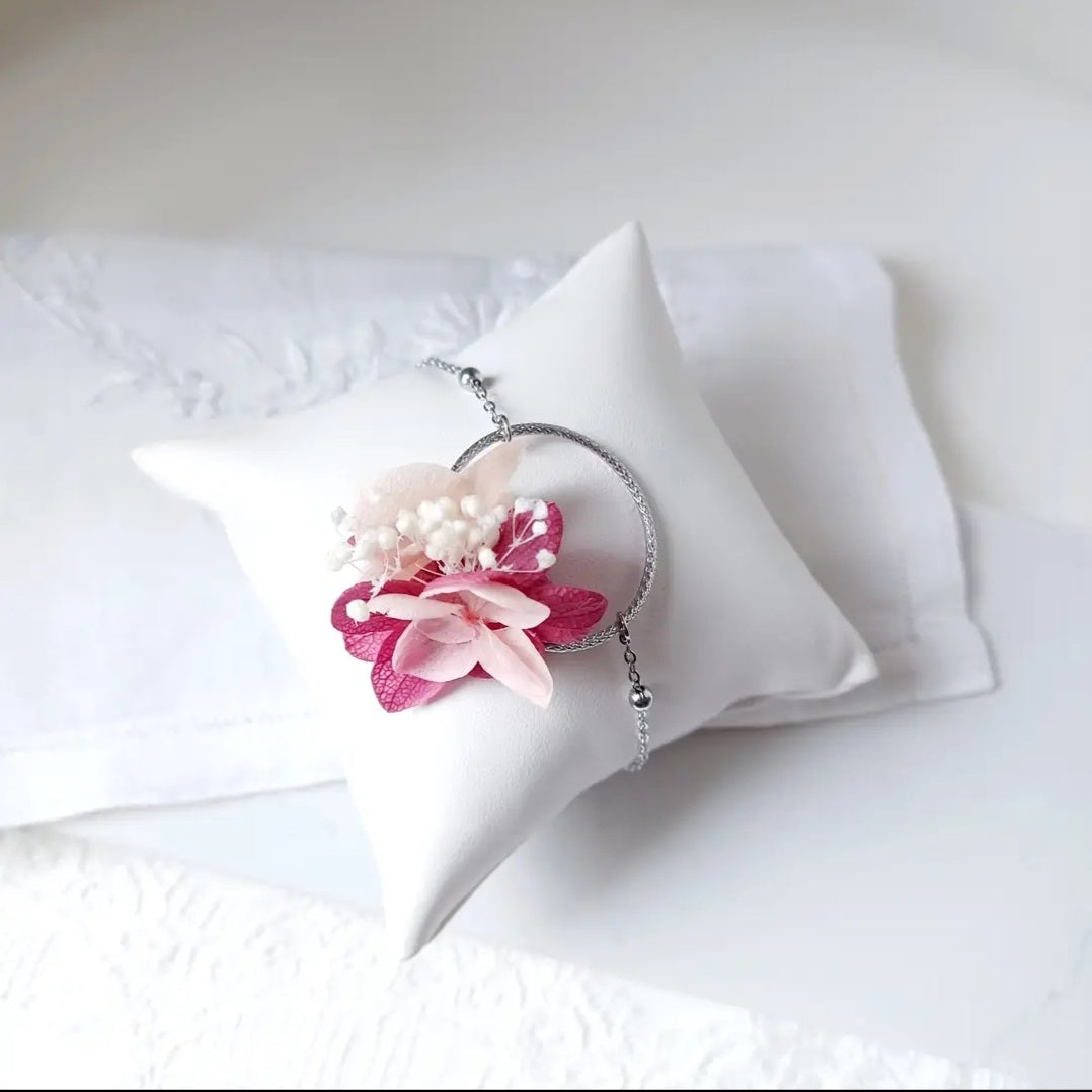 Bracelet argent, Lie de vin, rose et fleurs séchées 🌸
